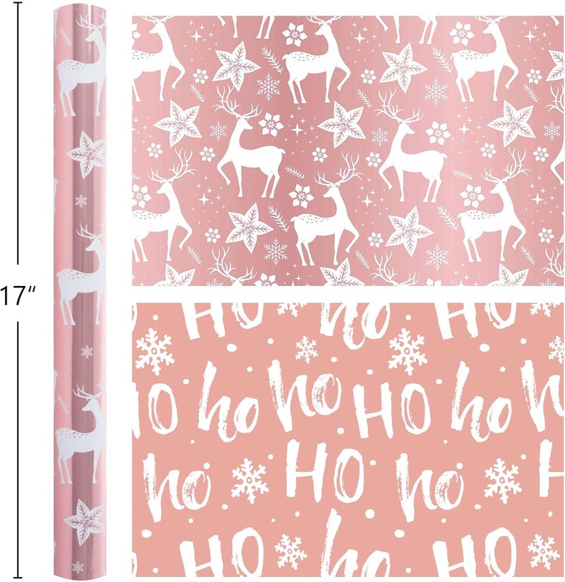 Retrify Christmas Wrapping Paper Roll - 17 Inches x 32.8 Feet - Metallic Pink Reindeer HO Lettering Mini Roll Gift Wrap Paper for Winter Holiday Festive Party Celebrations - Image 5
